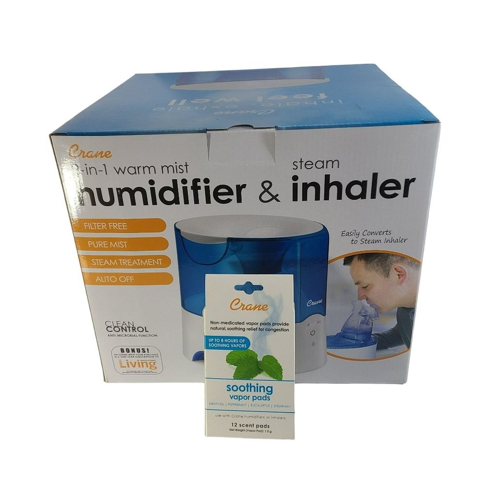 Crane 2 in 1 Warm Mist Humidifier & Steam Inhaler + 12 Soothing Vapor Pads NWT
